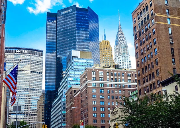 NYC skyline with US flag